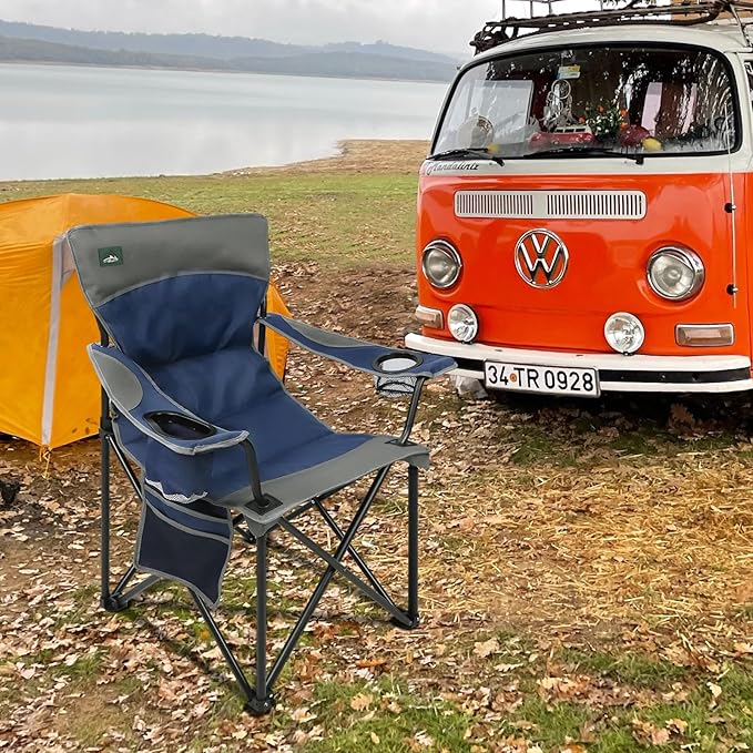 Oversized Folding Camping ChairHeavy Duty Padded Portable Lawn ChairSoft&ampComfortableTear-Resistant Fabricw/2Extra Large Cup HolderStorage PocketCarry BagOutdoor Beach Garden Fishing.Dark Bl