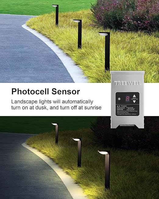 150W Low Voltage Landscape Transformer Outdoor Landscape Lighting Transformer with Photocell Sensor &amp Timer 120V AC to 12V/15V AC Stainless Steel Weatherproof Transformer ETL Listed