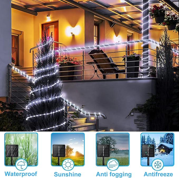 Solar Rope Lights 50 Feet 500 LED 8 Modes Solar Rope String Lights Outdoor Fairy Lights Waterproof Tube Lights with Solar Panel for Outdoor Indoor Home (500LED Cool White)