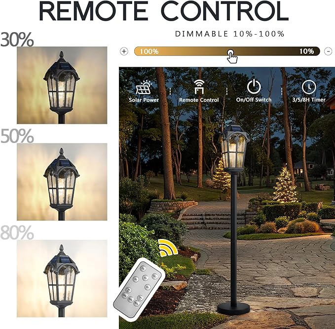 Emliviar Solar Pathway Light with Water Grain Glass Shade 46 Inch Classic Post Lamp with Round Base in Black Finish Portable Floor Lamp for Outdoor Travel LED Bulb Included YXE302PL-ML SL BK