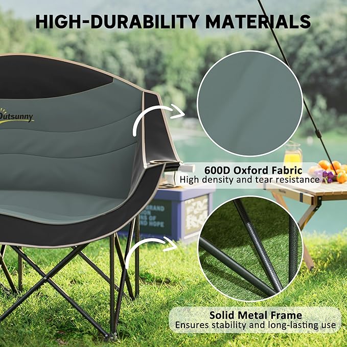Outsunny Double Camping Chair for Adults Padded Folding Camp Chair for 2 Person with Armrest Wine Glass Holder Cup Holder Carry Bag for Outdoor Sports Picnics Supports up to 552 lbs.