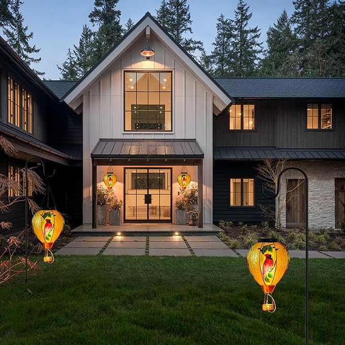 Large Hot Air Balloon Cardinal Solar Lantern Lights with Flame Green Glass Balloon Lantern Waterproof Outdoor Decor for Garden Yard Patio Birthday Mother's Day Gifts for Moms Women
