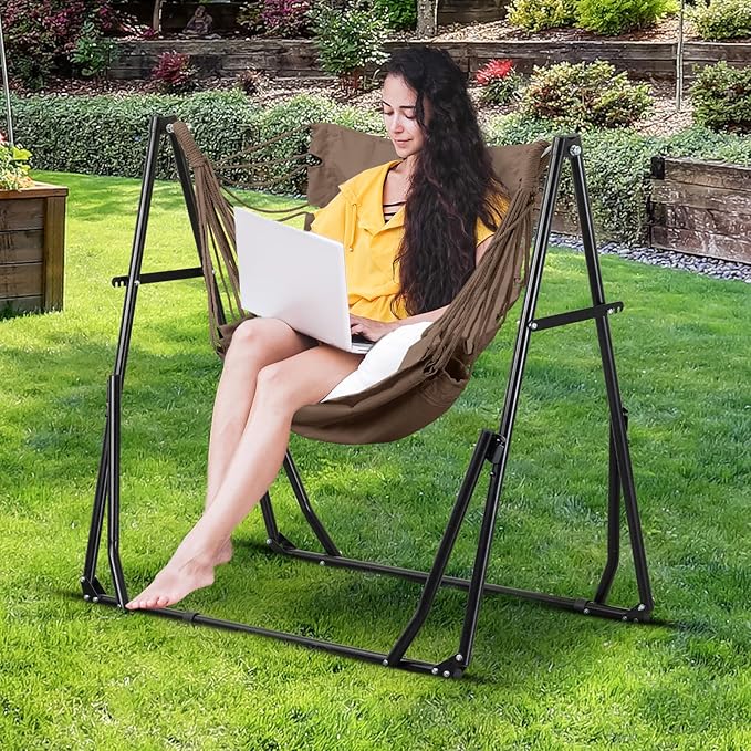 2 in 1 Hammock with Stand Outdoor Hammock Swing Chair with Portable Heavy Duty Stand Multi-Functional Hammock Stand 480 lbs Weight Capacit-Coffee