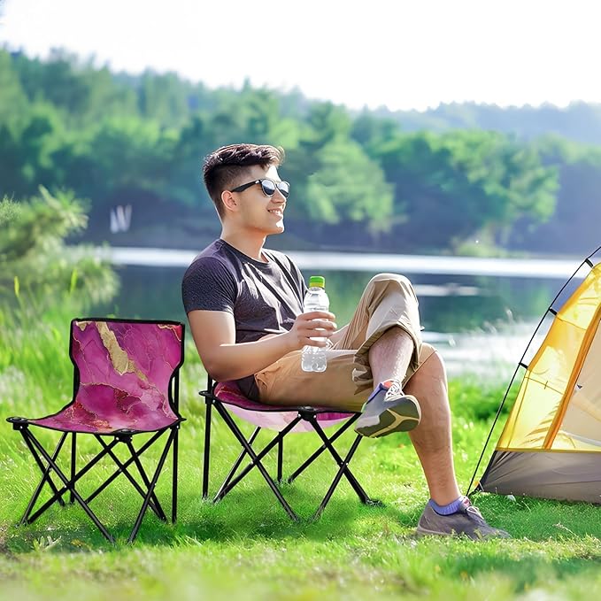 Marble Hot Pastel Burgundy Folding Camping Chair Lightweight Portable Chairs for Adults with Carrying Bag for Indoor