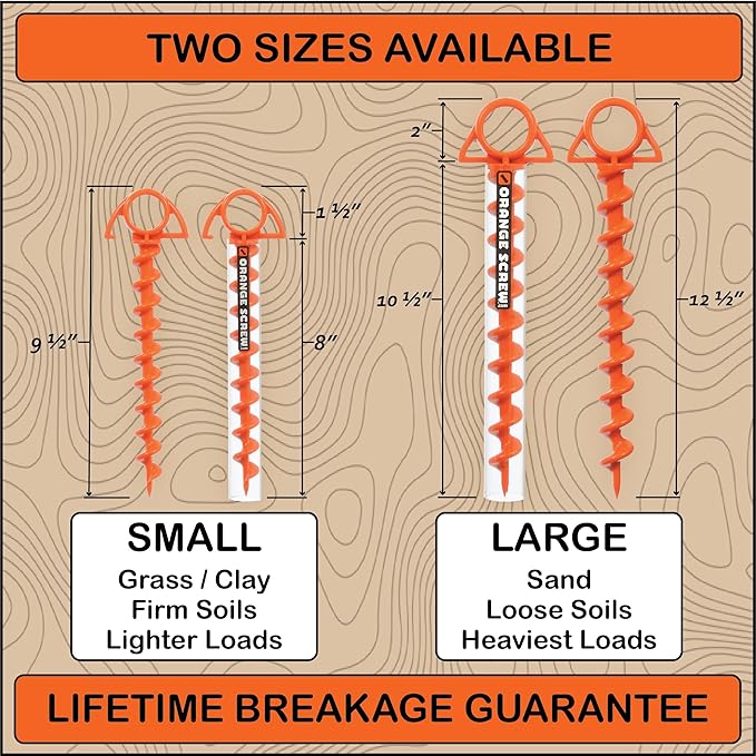 Orange Screw Ultimate Ground Anchors: Heavy Duty Screw-in Tent Stakes for High Wind Sand Canopies and Camping - Made in USA 100% Recycled Included T-Grip Tool - (Small 4 Pack)
