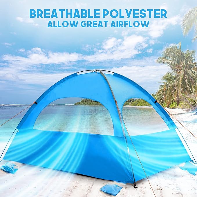 MIRUS Beach Tent 2-3 Person Sun Shade Shelter with UPF50+ Protection Extended Floor &amp 3 Ventilating Roll Up Windows Carrying Bag Stakes and Tiedown Strings | Extended Floor Carrying Bag Stakes