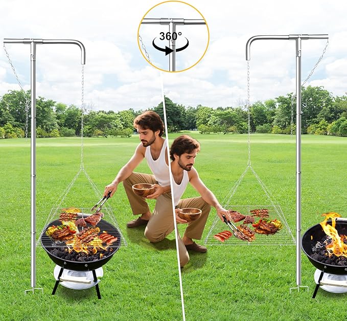 Tripod Campfire Grill with Adjustable Hanging Grate 360° Rotating Fire Pit Grill System Heavy Duty Stainless Steel Outdoor Cooking Stand for Camping &amp Backyard