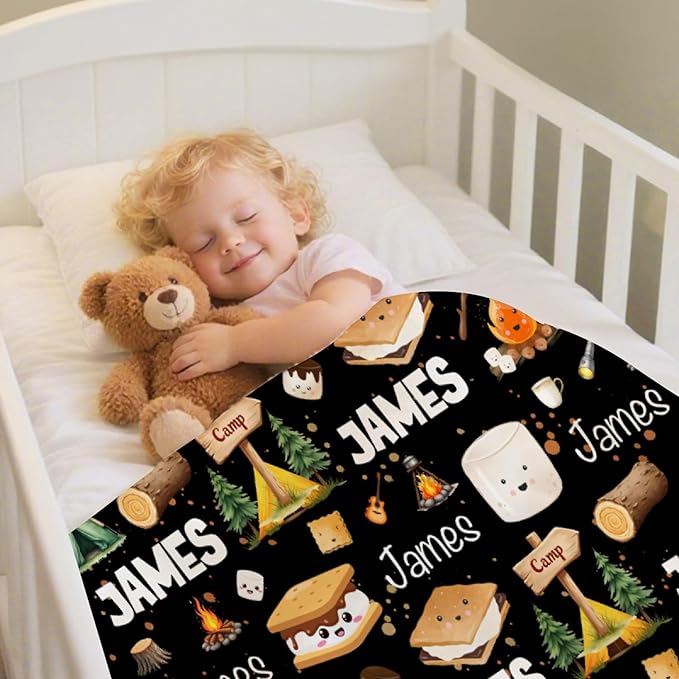 Custom Marshmallow Blanket with Name | Personalized Camping Blanket for Girls Boys | Ultra Soft Customized S'Mores Throw for Couch/Sofa/Travel/Camping Home Decor - 40x50-Kids/Throw Size