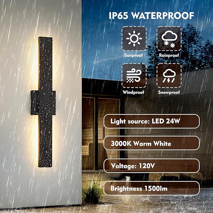 23.6inch Long Outdoor Modern LED Wall Light24W Waterproof IP65 Warm White Led Wall Mount Lighting Fixture Black Outdoor Wall Sconces Outside Lights for House Garage Front Door Patio 2Pack