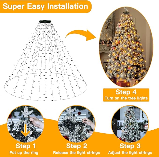 Ollny Christmas Tree Lights 8.2ft*16 Strings with Ring 8 Lighting Modes 3 Timers Dimmable Christmas Lights Indoor/Outdoor with Remote Waterproof for Xmas Decor (Warm White)