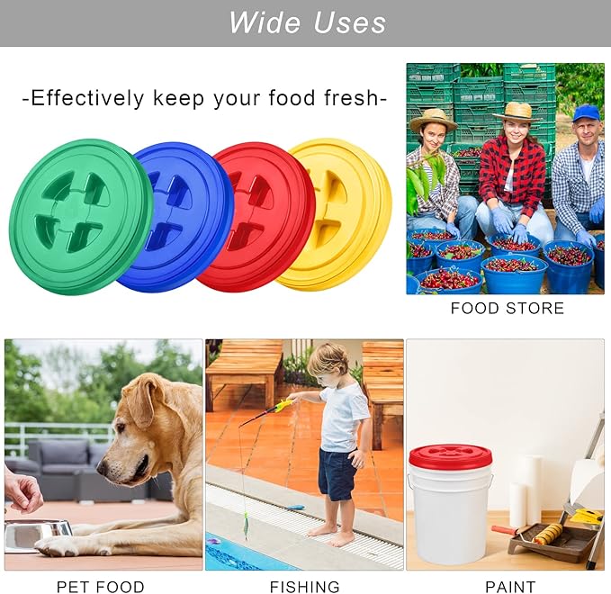 Aodaer 4 Pieces Seal Lid 5 Gallon Bucket Twist Lid Food Storage Container Lid Reusable Plastic Seal Lid Food Storage Container Lids (Red Yellow Blue Green)