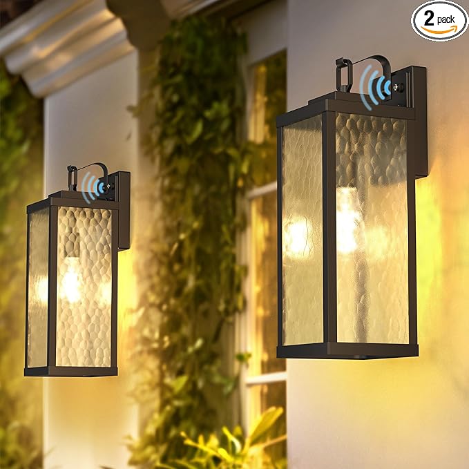 DORESshop Large Size Dusk to Dawn Outdoor Wall Lights 16 Inch Matte Black Waterproof Anti-Rust Outdoor Light Fixtures Wall Mount with Water Ripple Glass Shade for Porch Garage ETL Listed 2 Pack