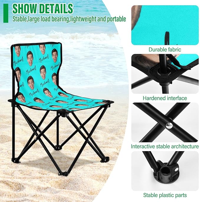 Sinestour Cyan Custom Photo Folding Camping Chair for Teen Child Personalized Name 14.6×14.6in Portable Outdoor Chair with Carry Bag for Picnic Barbeques Beach