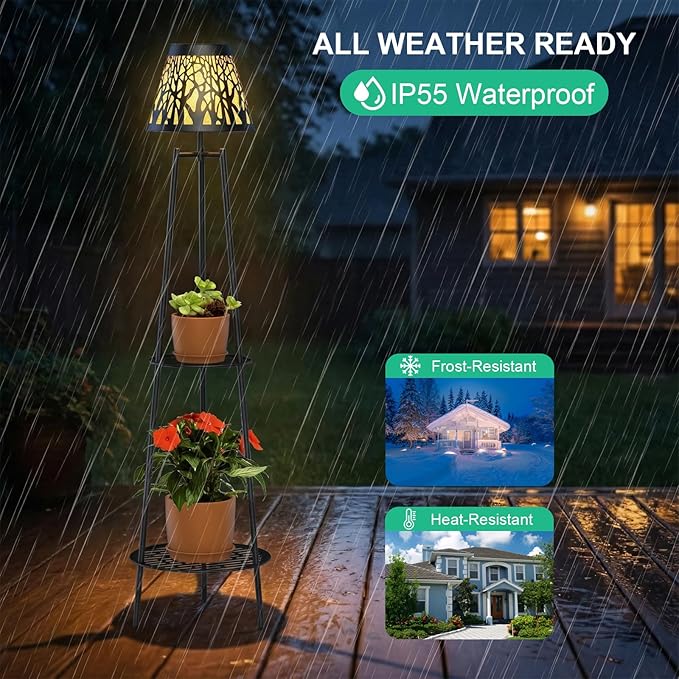 2 Pack 45.5'' Outdoor Floor Lamps with 2 Tier Plant Stand Solar Powered Metal Waterproof Lights for Patio Deck Yard Garden Porch Decor