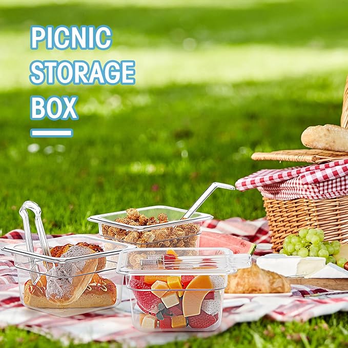 15 Pcs Plastic Clear Food Pan Set 1/6 Size Clear Food Pan with Lid Tongs Spoons Stickers Stackable Food Storage Container Restaurant Hotel Commercial Pan for Fruit Vegetable (4 Inch Deep)