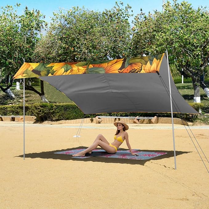 Sunflower Beach Tent Sun Shelter 9.2' x 10.5' Beach Canopy with 4 Sandbags 4 Stability Poles Sand Shovels - Tent Canopy for Beach Camping Fishing Picnics