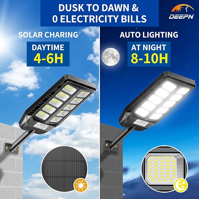 Solar Lights Outdoor IP66 Waterproof Street Lights Outdoor 6500K Dusk to Dawn Solar Security Flood Lights Motion Sensor with Remote Control for Yard Entryway Garage Porch 4 Pack