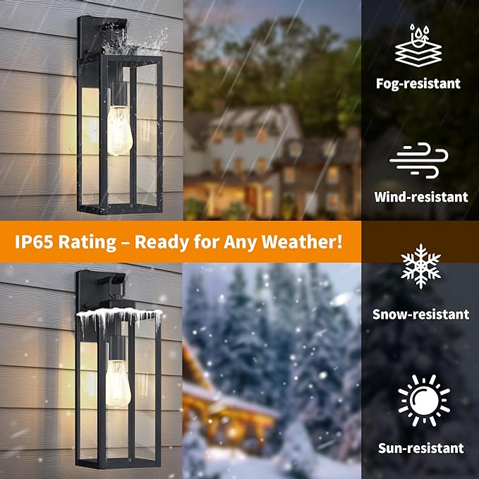 GRUENLICH Dusk to Dawn Outdoor Wall Light Fixtures 18 Inch Black Exterior Waterproof Porch Sconce Lighting E26 Socket &amp Tempered Glass Double Extra Large Size Wall Lantern for Patio Garage 1-P
