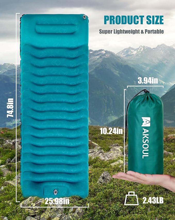 AKSOUL Sleeping Pad Ultra-Thick - Inflatable Sleep Mat Lightweight &amp Compact 4.72 in Air Mattress with Pillow Self-Inflating with Built-in Foot Pump for Traveling Hiking Camping (Blue)