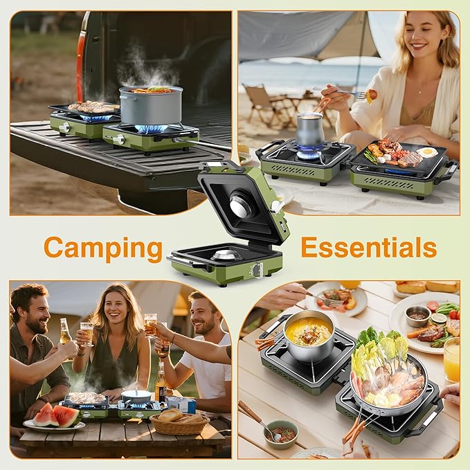 ODSD 2 Burner Camping Stove with Windshield 20000 BTU Propane Camp Stove Portable Folding Gas Stove Camping Essentials Gear Includes Frying Pan Coffee Stand &amp Carry Bag Green
