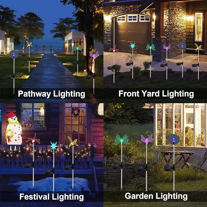 Glintoper 6 Pack Solar Garden Stake Lights Outdoor Solar Butterfly Figurine Lights Multi-Color Changing LED Landscape Lighting Sparkling Star Flower Hummingbird Dragonfly Bee for Patio Yard Pathway