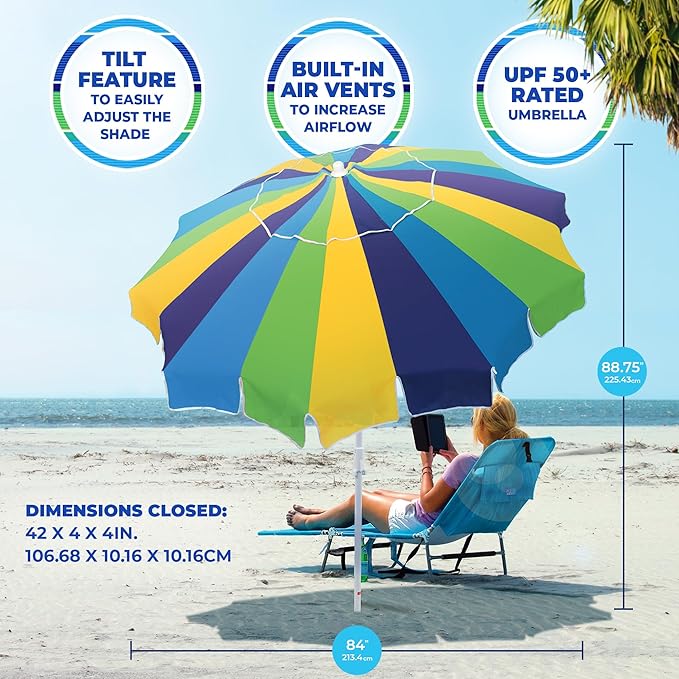 Rio Brands 7' Alternating 20-Panel Beach Umbrella with Sand Anchor and Carrying Bag Blue Multicolor