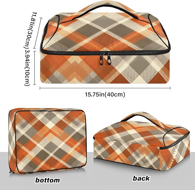 Casserole Carrier Orange Brown Tartan Pattern Insulated Casserole Carrier for Hot or Cold Food Thermal Lunch Tote for Parties Picnic Travel Carry Bag