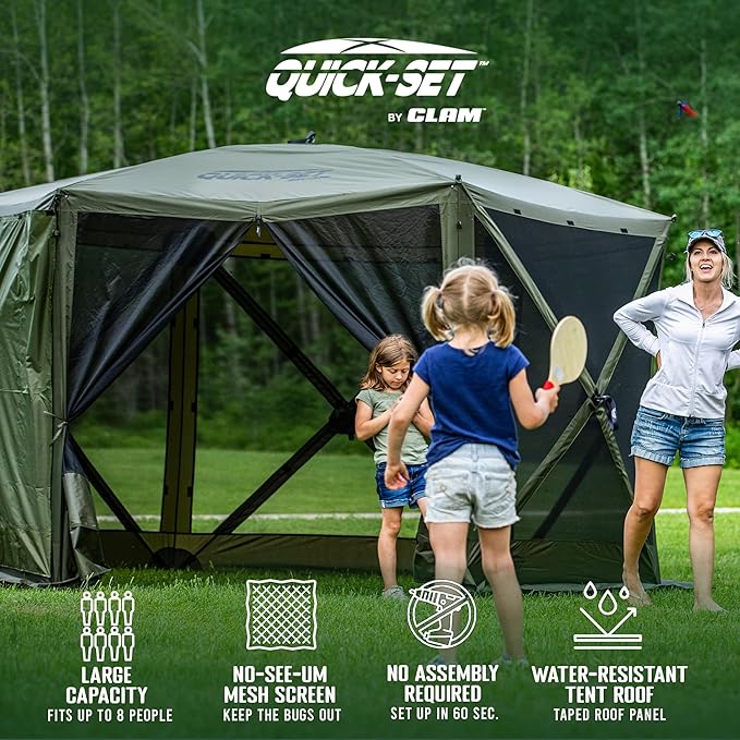 CLAM Pop Up Screen Tent Outdoor Camping Gazebo Canopy Escape 11.5' Green - Heavy-Duty Portable Screened Shelter with Netting for Beach Patio and Backyard