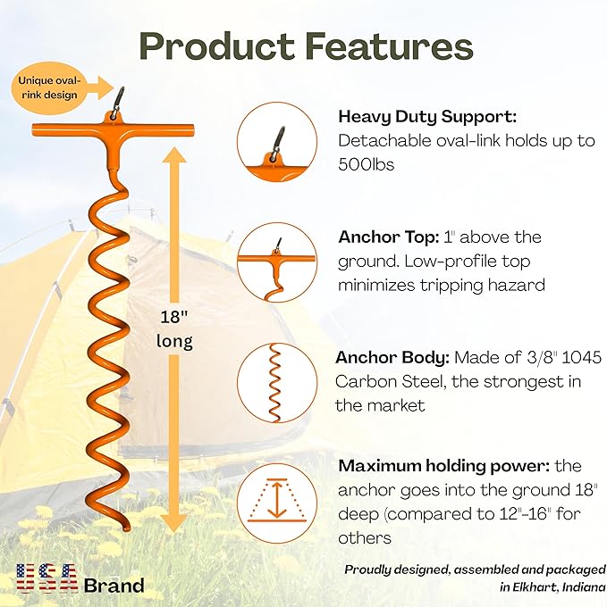 in-N-Out Spiral Ground Anchors - Heavy Duty Screw in Ground Stakes - Corkscrew Earth Anchor Kits- for Canopies Soccer Goals Trampolines Tents Tarps Trees and Dog Tie Out