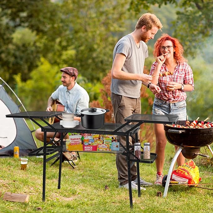 CDEN Camping Table Campact Table Folding Portable Tables Tailgate Tables with Side Table 4 Side Shelves mesh net for Camping Picnic BBQ