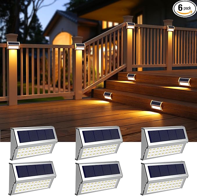 ROSHWEY Solar Deck Lights 6 Pack 30 LED Stainless Steel Outdoor Deck Lights Solar Powered IP65 Waterproof Step Light for Outside Outdoor Decor for Backyard Fence Step Stair Warm White Light