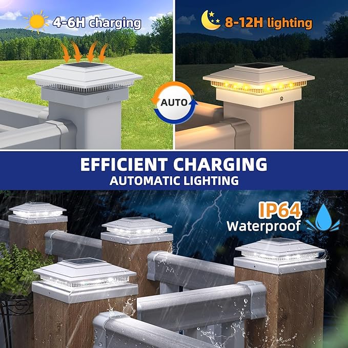 APONUO Solar Post Cap Lights 16-Pack White IP64 Waterproof 16 LED Fence Post Solar Lights for 4x4 5x5 6x6 Wood/Vinyl Posts 2-Mode Deck Post Lights Solar Powered 10-Hr Lighting for Patio Yard Porch