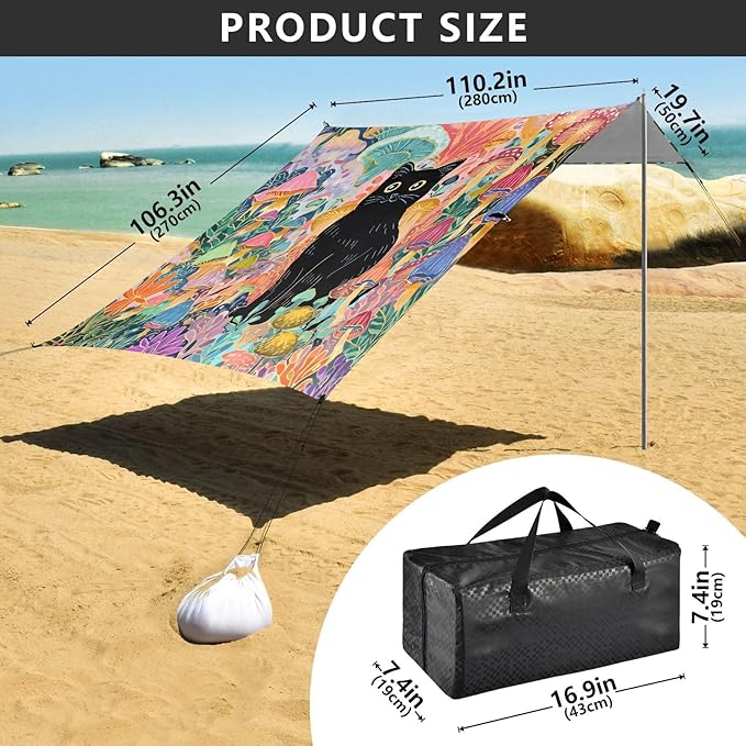 ALAZA Mushroom Black Cat Beach Tent Sun Shelter UPF50+ Protection Beach Shade Canopy w/ 4 Sandbags for Outdoor Camping Fishing Backyard Fun Picnic 10x9 ft