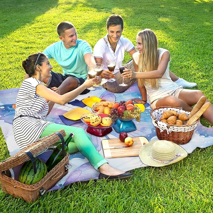 Waterproof Sandproof Beach Blanket 59''×68'' Butterfly Polyester Outdoor Picnic Blanket with 4 Stakes &amp Storage Bag for BeachCampingVacation Ice-Blue