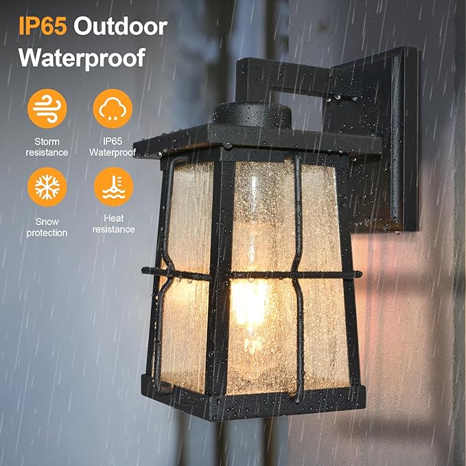 ALVIME Outside Wall Lights 10 Inch Exterior Front Porch Light Fixtures Waterproof Outdoor Wall Lantern for House Front Door Entryway Garage Patio E26 Base&ampClear Seedy Glass