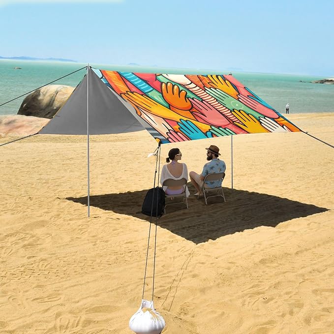 Diverse Colorful People Hands Camping Sun Shelter Beach Tent Portable Beach Sun Shade Outdoor Canopy for Camping Trips Fishing Picnic