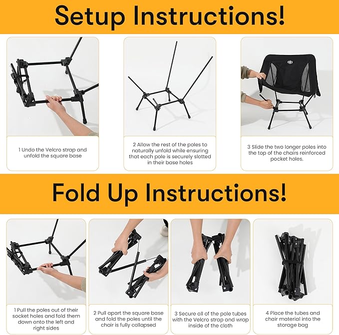 D-LO Ultralight Camping Chair - Black - Upgraded Dual Pocket - High Strength 600D Oxford Fabric - 7075 Aluminum Alloy - Great for Camping Hiking Lounging