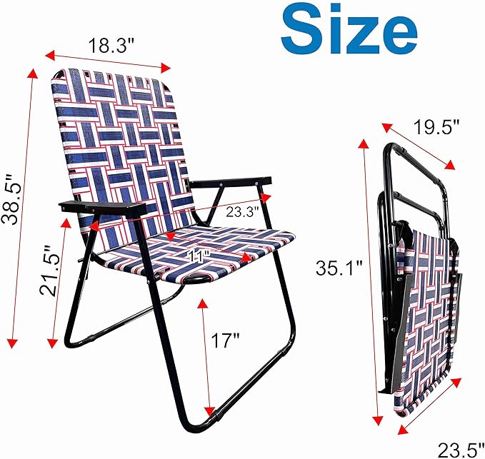 Lawn Chair Folding Steel Webbing Chaise Patio Lounger Seat Wood Handles Great for Camping Beach Fishing Backyard Stadium Pool Boating and Sports 4 Pack Blue/Red
