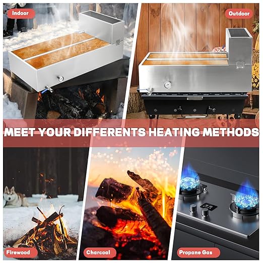 Maple Syrup Evaporator Pan 53.3Gal 304 Stainless Steel Maple Syrup Evaporator with Valve Thermometer and Divided Design 48 x 24 x 18.7 Inch Feed Pan for Boiling Maple Syrup for Home and Outdoor Use