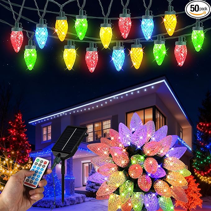 Solar Christmas Lights Outdoor 50 LED C9 Strawberry String Lights with Timer &amp 13 Light Mode Waterproof Solar Christmas Tree Lights for Garden Patio Party Christmas Decoration Multicolor