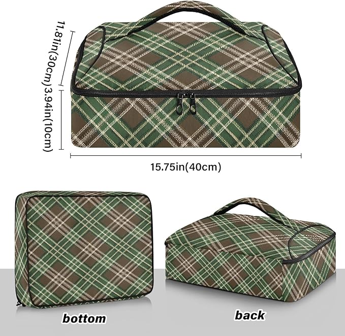 Casserole Carrier Green and Brown Tartan Pattern Print Insulated Casserole Carrier for Hot or Cold Food Thermal Lunch Tote for Parties Picnic Travel Carry Bag