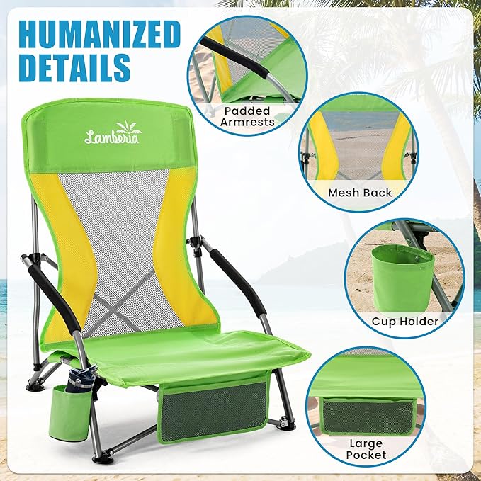 Lamberia Folding Beach Chair for Adults 2 Pack Portable Low Beach Chairs with 300lbs Capacity Lightweight Fodable Camping Chair for Travel Picnic Concert &amp Outdoor ActivitiesGreen-Yellow