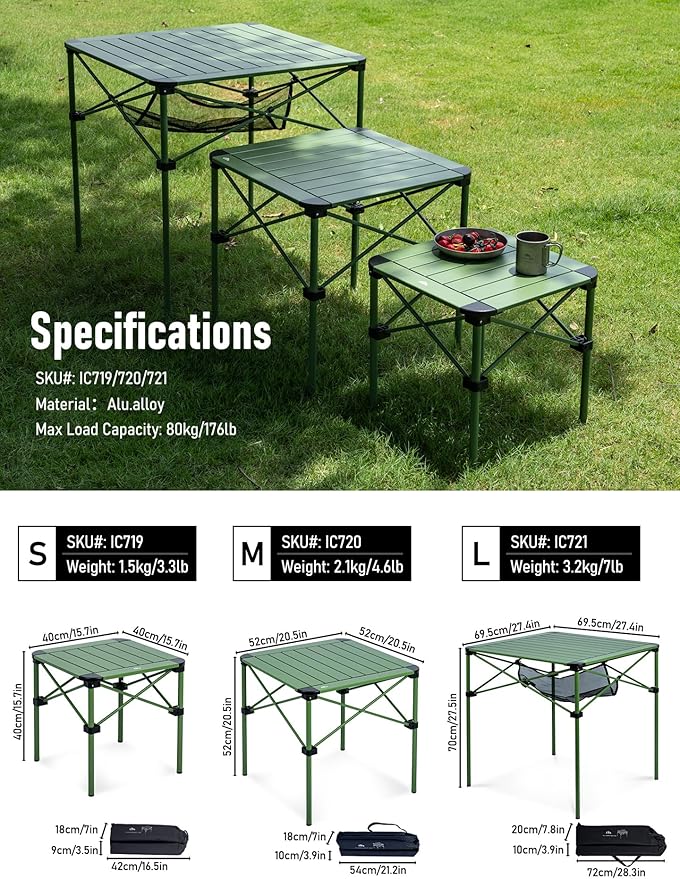 iClimb Lightweight Stable Alu. Folding Square Table Roll Up Top with Carry Bag for Camping Picnic Backyards BBQ Camp Kitchen (Green L)
