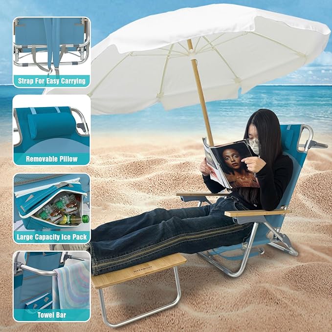 Folding Backpack Beach Chair for Adults &amp Teens Aluminum 5-Position Lay Flat Lounge Chair with Camping Bamboo Table 200LBS Beach Reclining Chair Outdoor with Cooler Bag Cyan