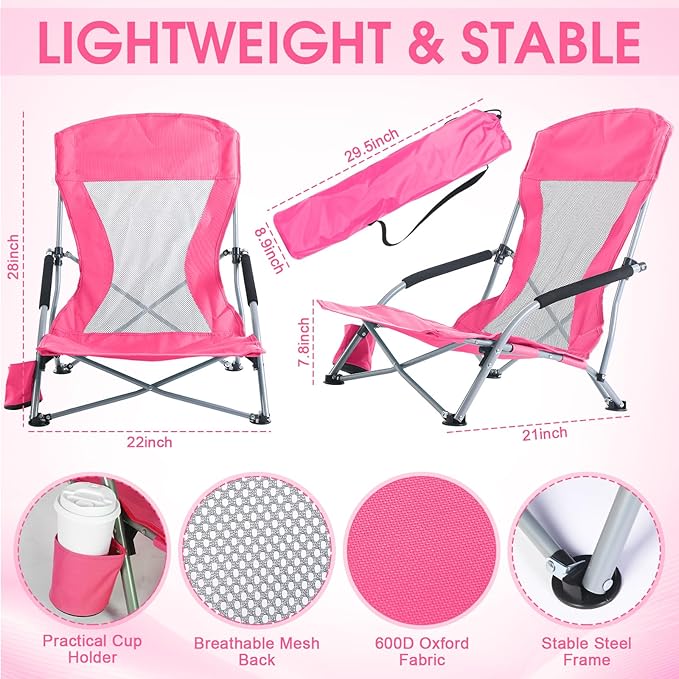 Huwena 2 Pack Beach Chair for Adult with 2 Umbrella Low Folding Chair Detachable Adjustable Lightweight with Armrests Cup Holder Carry Bag Portable for Sand Camping Travel Outdoor Pool(Rose Red)