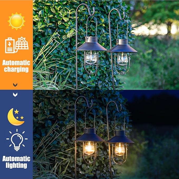 2 Pack Solar Lantern Hanging Waterproof Outdoor Metal Solar Lamp with Wall Hooks Warm White Light Decorate for Yard Garden Pathway Patio Porch Decor (Black)