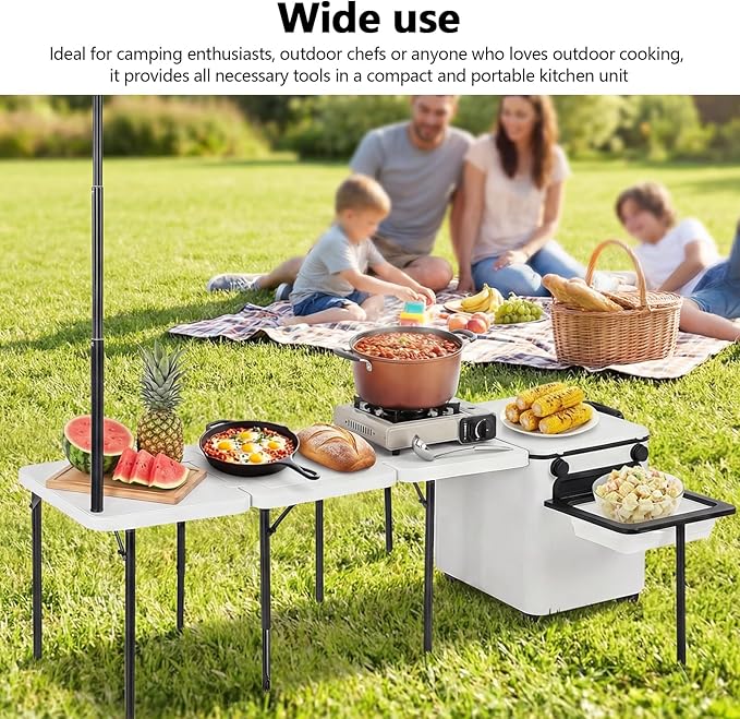 Multifunctional Outdoor Kitchen Station with Wheels Folding Overland Camping Kitchen Table with Light Poles for Picnic Party Beach BBQ Cooking Indoor