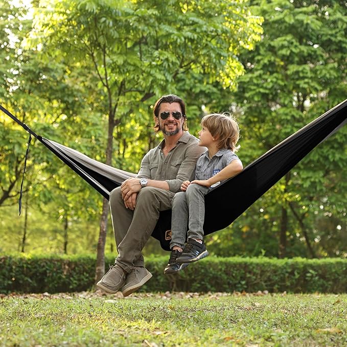 Camping Hammock Portable Hammocks with Mosquito NetLightweight Nylon Parachute Hammock with 10ft Tree StrapsCamping Gear Must Haves for Travel Hiking Backpacking Beach Patio-Black&ampGrey