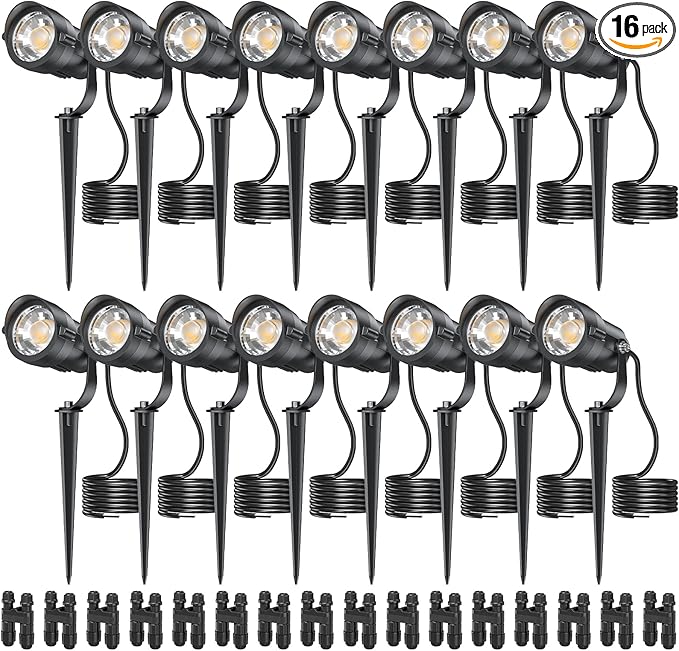 HIBOITEC Spotlights Low Voltage Landscape Lighting with Connectors 600LM 2900K Landscape Lights Kit 12-24V AC/DC IP65 Waterproof for House Yard Trees Garden Outdoor 16 Packs