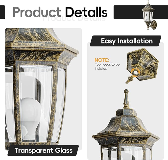 EMART Outdoor Front Porch Light Exterior Anti-Corrosion Waterproof Aluminum &amp Glass Shades Wall Lamp Fixture Modern Sconce Lantern for Outside House Garage - 2 Pack Gold （Bulb Included）